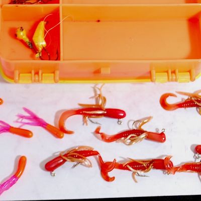 Lot of Tiny Tubi and Grub Jigs & Jigheads in 2-Sided Tackle Box ALL FOR 1 MONEY (Cce45)