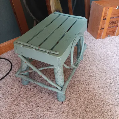 OLD REPURPOSED WINDOW WITH BEAR PAINTING, RUSTIC STOOL AND SHARPES ON DVD