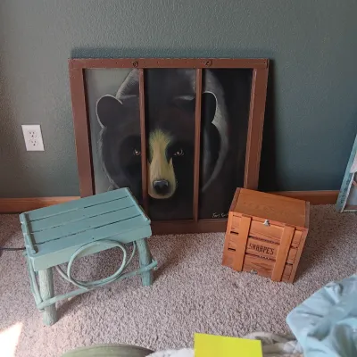 OLD REPURPOSED WINDOW WITH BEAR PAINTING, RUSTIC STOOL AND SHARPES ON DVD