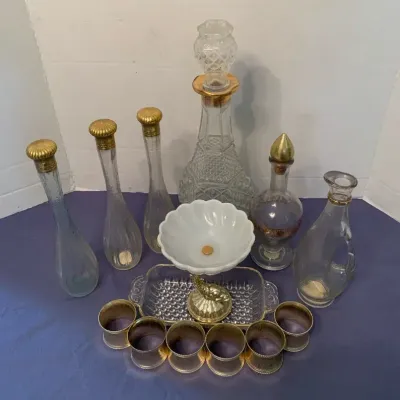 Milk Glass Bowl With Dolphin, Avon Antique Bottles, Vintage Anchor Hocking Gold Decanter & More