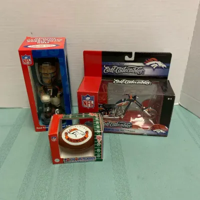 John Elway Bobble Head, NFL Die Cast Motorcycle And Broncos Ornament