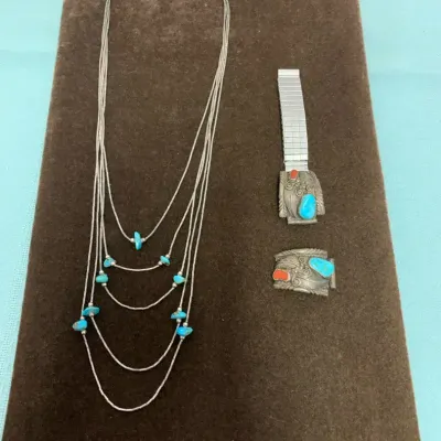 Five Strand Liquid Silver And Turquoise Necklace And Sterling Watch Tips