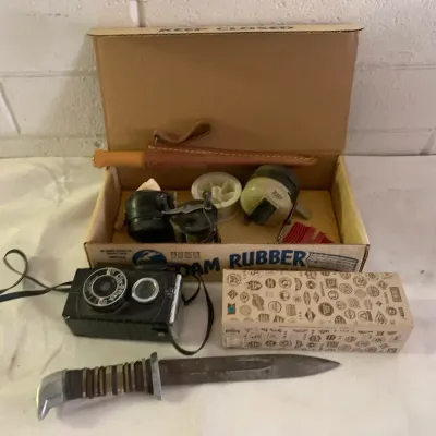 Vintage Knives, Fishing Spools, Camera, And Vintage Rail Spike