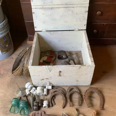 Box Of Miscellaneous Tools, Knobs, Broken Insulators, Horse Items 