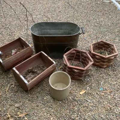 Hanging Baskets, Vintage Crock And Copper Container