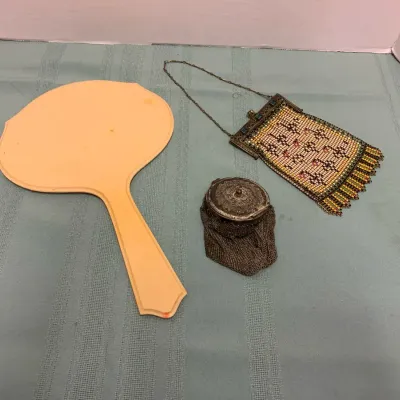 Vtg Pyralin Hand Mirror, Chain mail Purse And Art Deco Metal Purse