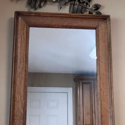 Wooden Wall Mirror & Metal Owl Sculpture