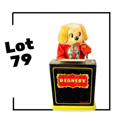 79 | VINTAGE | Tin Litho & Plush Dog | Jolly Pianist