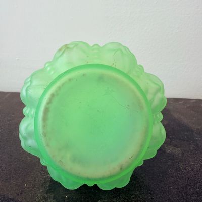 Antique Frosted Green Vaseline Glass Oil Lamp – Ornate Pressed Glass Font & Brass Burner