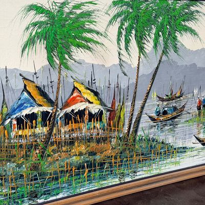 E. Lopez Signed Filipino Fishing Village Impasto Oil Painting