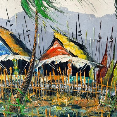 E. Lopez Signed Filipino Fishing Village Impasto Oil Painting