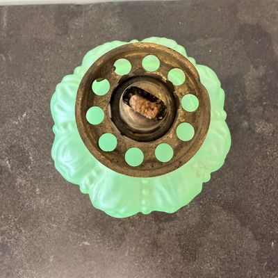 Antique Frosted Green Vaseline Glass Oil Lamp – Ornate Pressed Glass Font & Brass Burner