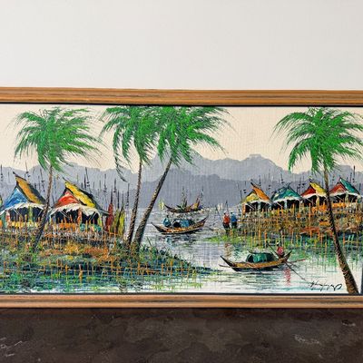 E. Lopez Signed Filipino Fishing Village Impasto Oil Painting