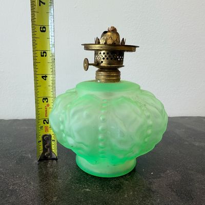 Antique Frosted Green Vaseline Glass Oil Lamp – Ornate Pressed Glass Font & Brass Burner