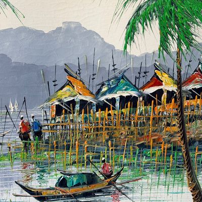 E. Lopez Signed Filipino Fishing Village Impasto Oil Painting