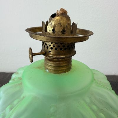 Antique Frosted Green Vaseline Glass Oil Lamp – Ornate Pressed Glass Font & Brass Burner
