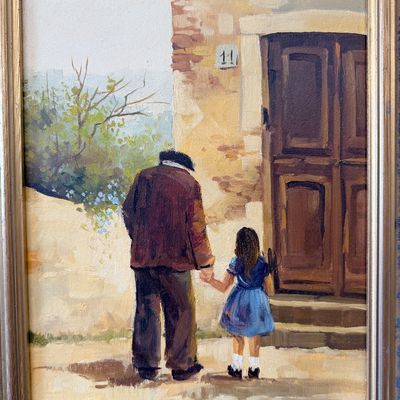 Antonietta Varallo Signed Italian Oil on Canvas – "Grandfather & Child"