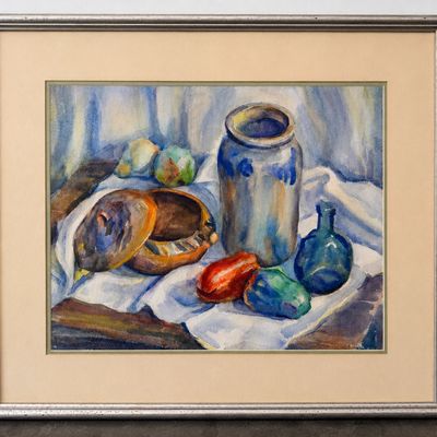 Marian D. Harris Signed Watercolor Still Life – Pottery, Fruit & Glass Bottle