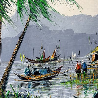 E. Lopez Signed Filipino Fishing Village Impasto Oil Painting