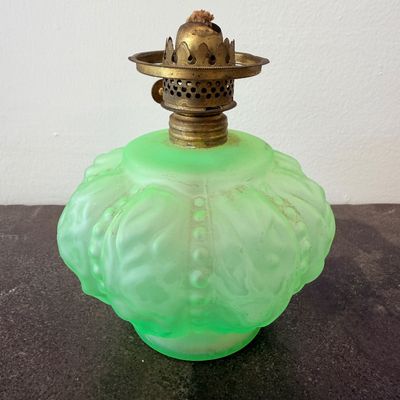 Antique Frosted Green Vaseline Glass Oil Lamp – Ornate Pressed Glass Font & Brass Burner