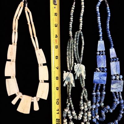 Lot of 3 Vintage Hand-Carved Beaded Statement Necklaces – Elephant & Animal Motifs