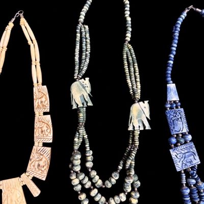 Lot of 3 Vintage Hand-Carved Beaded Statement Necklaces – Elephant & Animal Motifs