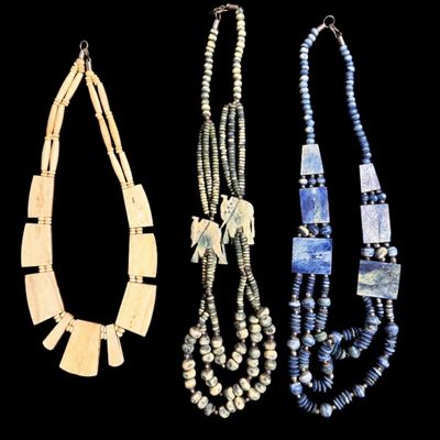 Lot of 3 Vintage Hand-Carved Beaded Statement Necklaces – Elephant & Animal Motifs