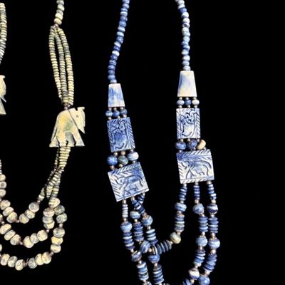 Lot of 3 Vintage Hand-Carved Beaded Statement Necklaces – Elephant & Animal Motifs