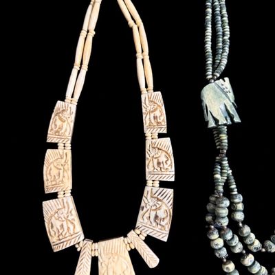 Lot of 3 Vintage Hand-Carved Beaded Statement Necklaces – Elephant & Animal Motifs