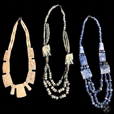 Lot of 3 Vintage Hand-Carved Beaded Statement Necklaces – Elephant & Animal Motifs
