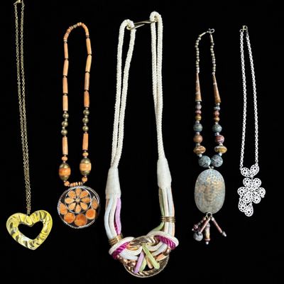 : Lot of 5 Assorted Statement Necklaces – Beaded, Corded & Pendant Styles
