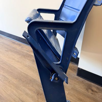 Sale Photo Thumbnail #29: Original blue stadium seat #4 from Veterans Stadium, former home of the Philadelphia Phillies and Eagles. Features molded plastic seat and back with heavy-duty metal frame/supports and metal seat number plate. Includes Certificate of Authenticity signed b