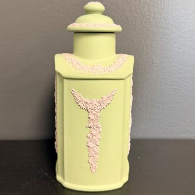 Wedgwood Sage Green Jasperware 1981 Royal Wedding Tea Caddy Jar with Lid