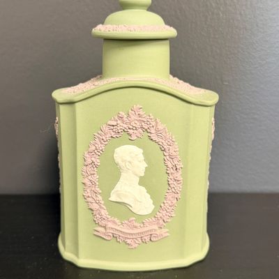 Wedgwood Sage Green Jasperware 1981 Royal Wedding Tea Caddy Jar with Lid