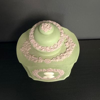 Wedgwood Sage Green Jasperware 1981 Royal Wedding Tea Caddy Jar with Lid