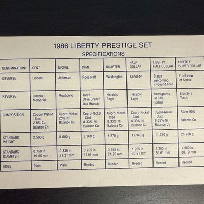 1986 United States Liberty Prestige Proof Coin Set with Silver Dollar