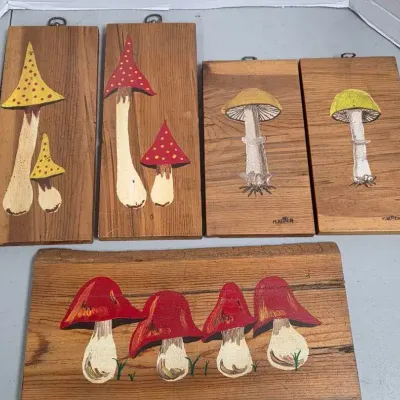 Vintage Painted Wood Mushroom Are