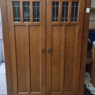Solid Wood Shelf Or Entertainment Center With Leaded Glass