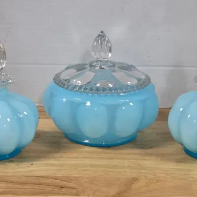 6 Pcs Vintage Fenton Melon Glass Blue Overlay Vanity Dresser Set