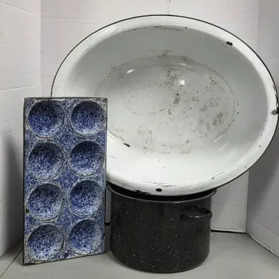 vintage cobalt blue and white speckled enamelware muffin pan And Other Enamelware 