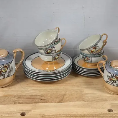 Vintage Japanese Lusterware Teapot, Sugar Bowl, Tea Cups And Plates, Hand Painted Blue and Peach