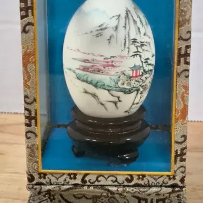 Vintage Japanese Bonsai Tree Hand Painted Egg on Resin Stand And Display Box