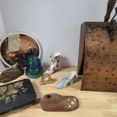 Hemingray No. 42 Electrical Insulator, Hand Painted Box, Porcelain Boot Figurines And More