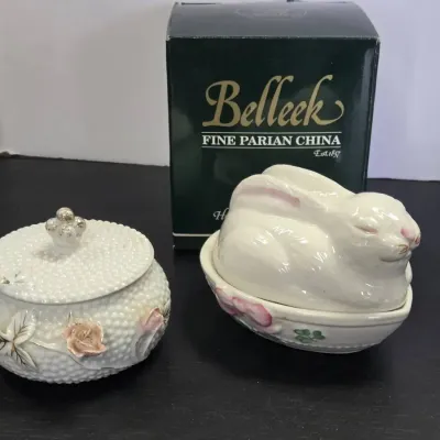 Vintage Japanese Porcelain Jewelry Trinket Box & Belleek Bunny Covered Box