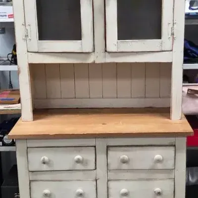 Distressed White and Natural Wood Farmhouse Buffet and Hutch