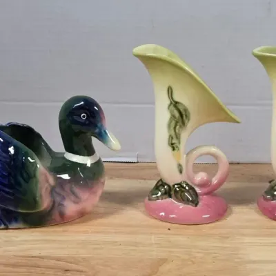 Vintage Ceramic Mallard Duck And MCM Hull Pottery Cornucopia Flower Vases