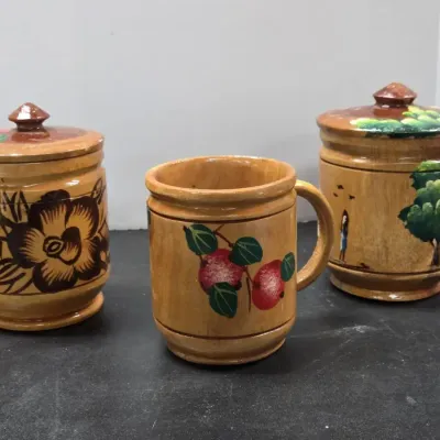 Vintage, Handmade, and Hand-Painted Wooden Mugs
