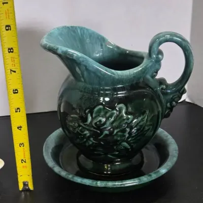 Hull Pottery USA Teal Green Drip Glaze Pitcher & Basin