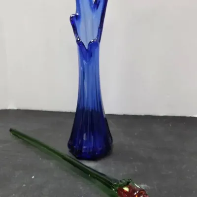 Vintage Cobalt Blue 5-Finger Swung Glass Vase With Glass Flower