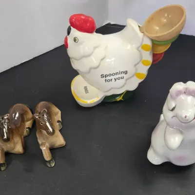 Horse Salt & Pepper Shakers,  Vintage Chicken Holding Teaspoons & Vintage Bunny Shaker